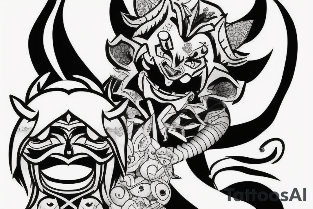 Little girl trying to weak a Oni mask tattoo idea