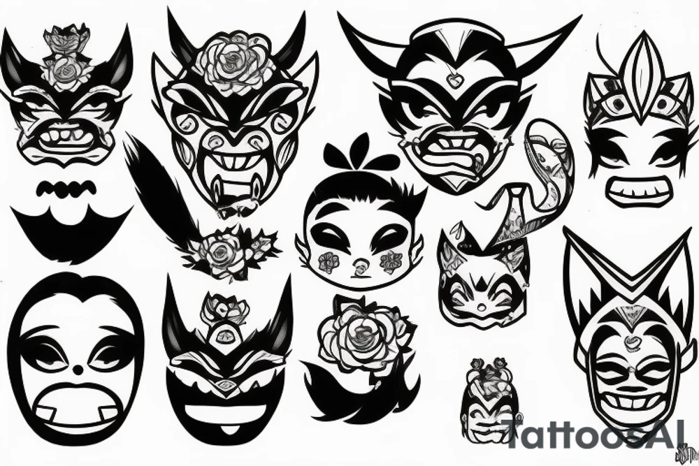 Little girl trying to weak a Oni mask tattoo idea