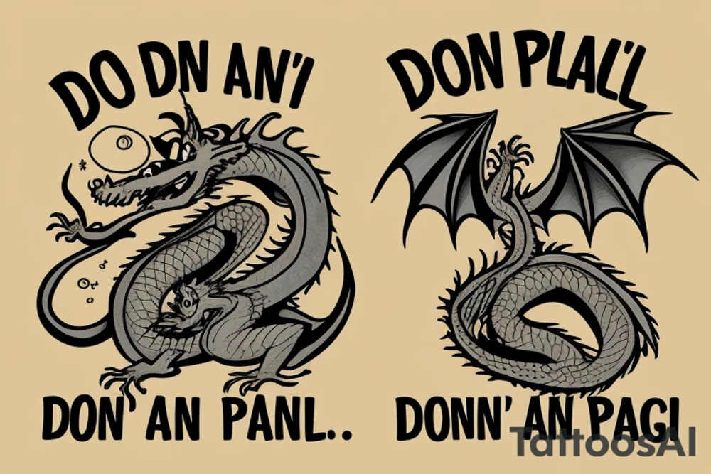 Dragon with a gun and text “don’t panic” tattoo idea