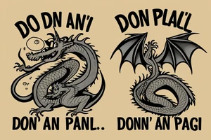 Dragon with a gun and text “don’t panic” tattoo idea