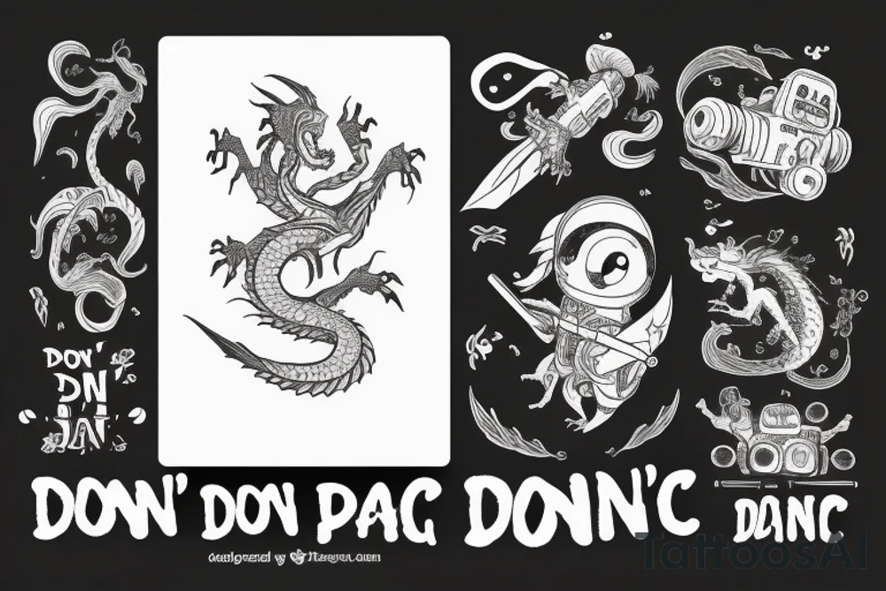 Dragon with a gun and text “don’t panic” tattoo idea