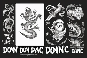 Dragon with a gun and text “don’t panic” tattoo idea