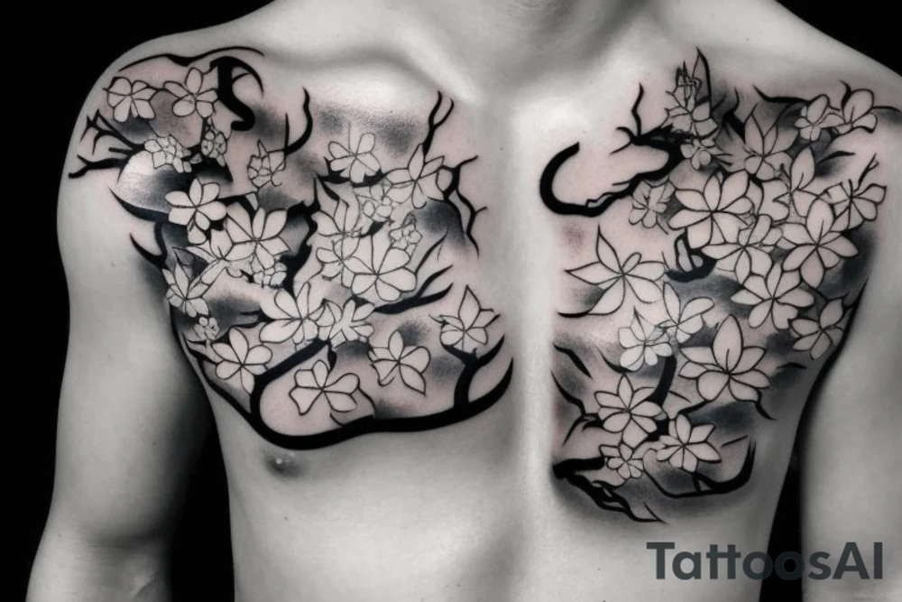 japanes chest tattoo cherry blossom sky wind black and white tattoo idea