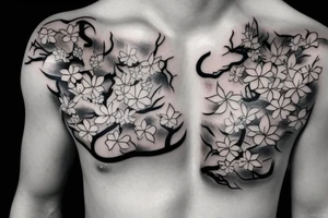 japanes chest tattoo cherry blossom sky wind black and white tattoo idea
