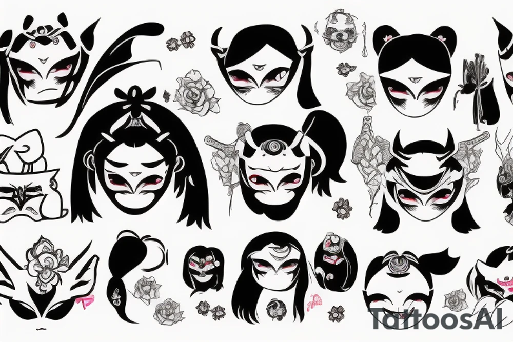 Little girl trying to weak a Oni mask tattoo idea