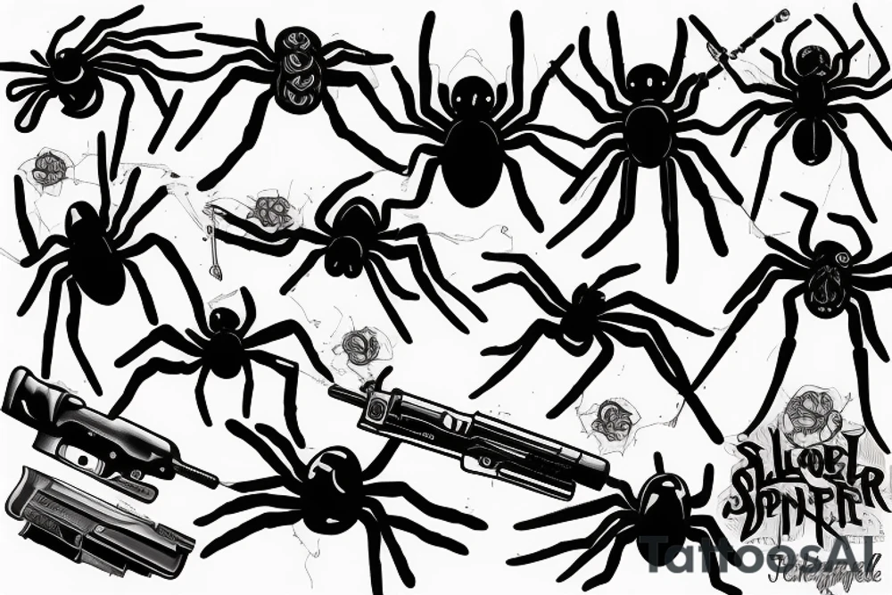 Black spider with a gun and granate tattoo idea