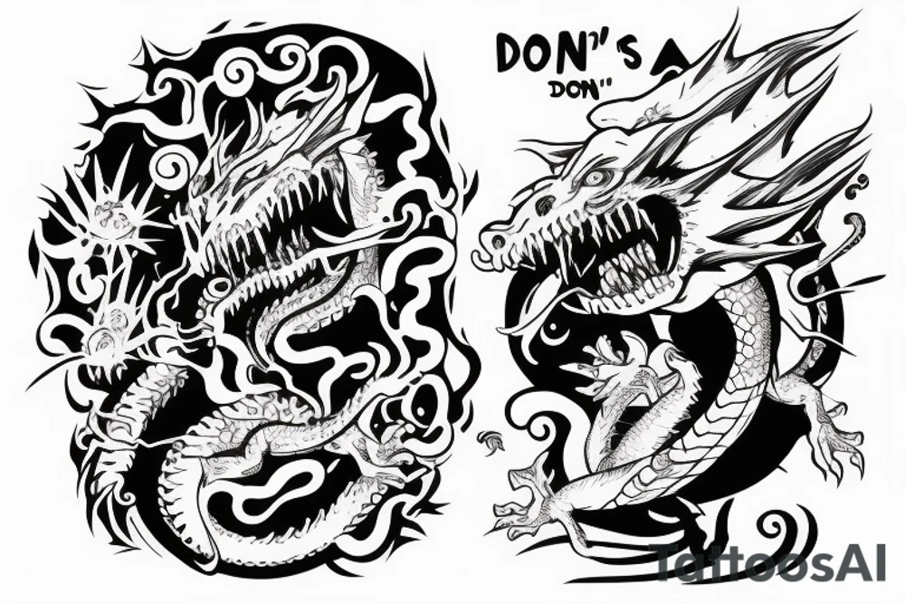 Dragon with a gun and text “don’t panic” tattoo idea