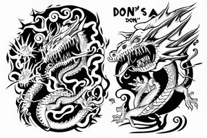 Dragon with a gun and text “don’t panic” tattoo idea