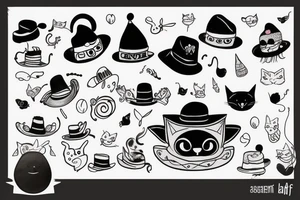 black cat with a funny hat and a sweater tattoo idea