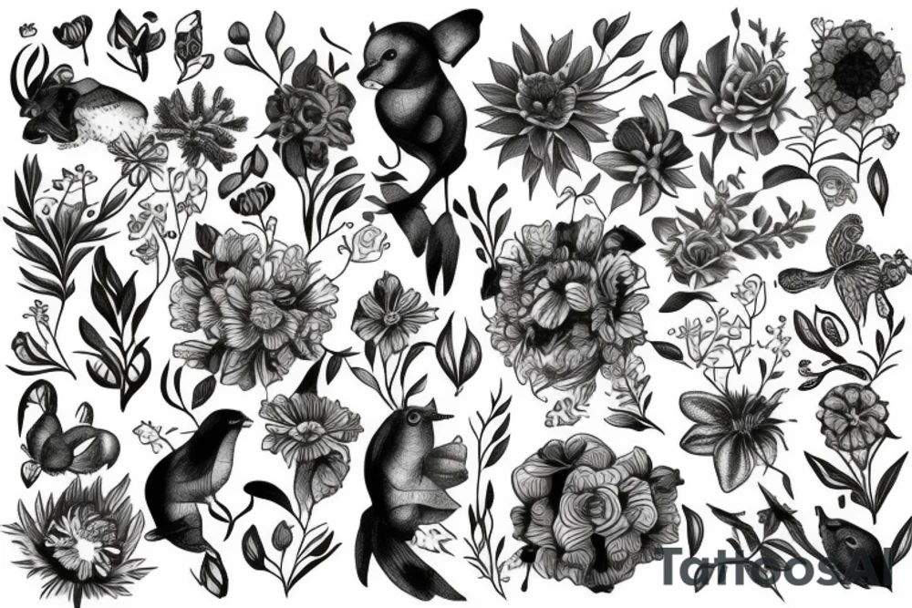 flowers with animals tattoo idea