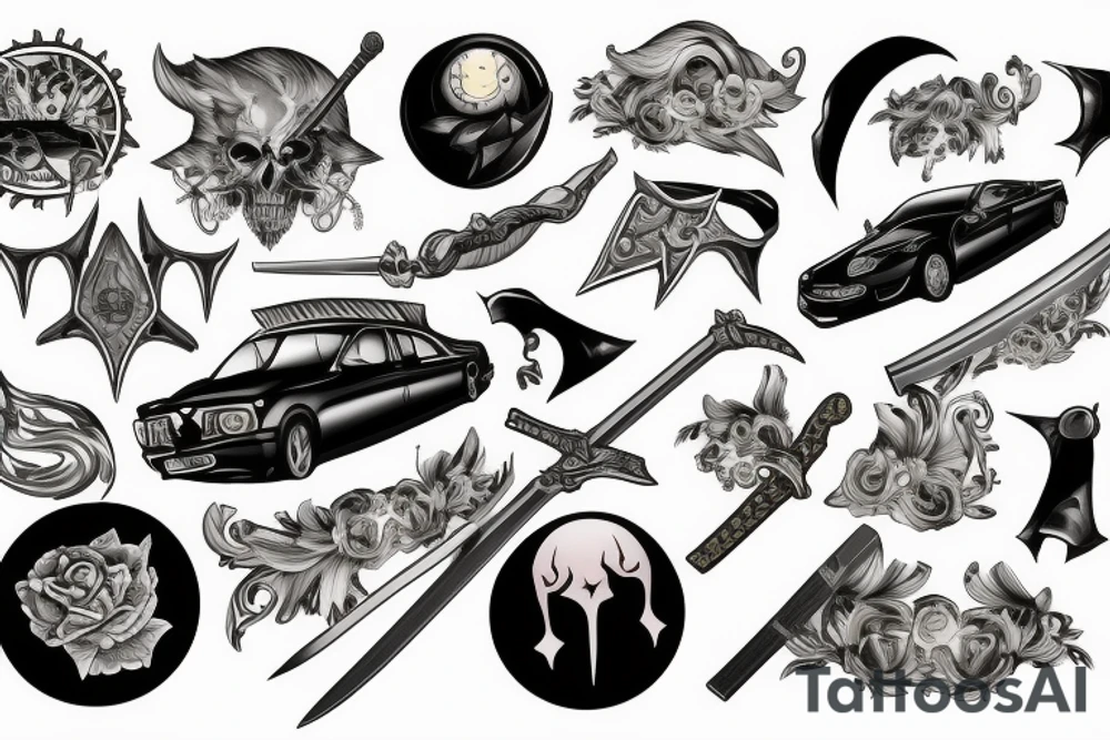 Car with sword and funeral ftiend tattoo idea