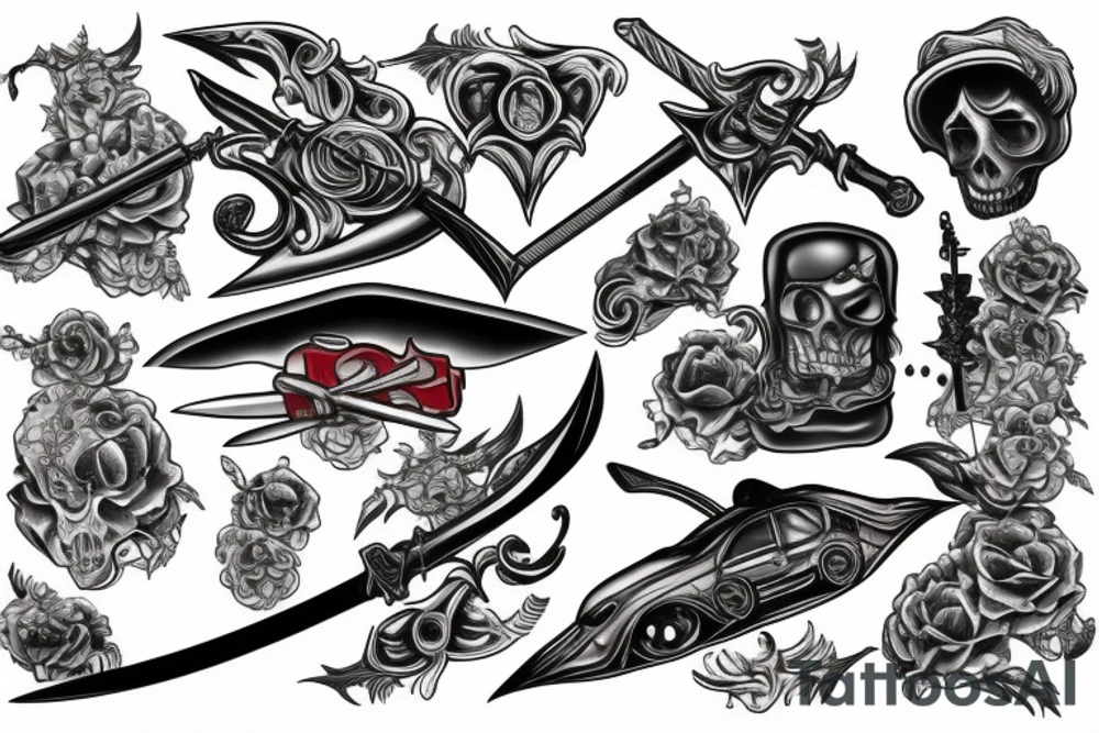 Car with sword and funeral ftiend tattoo idea