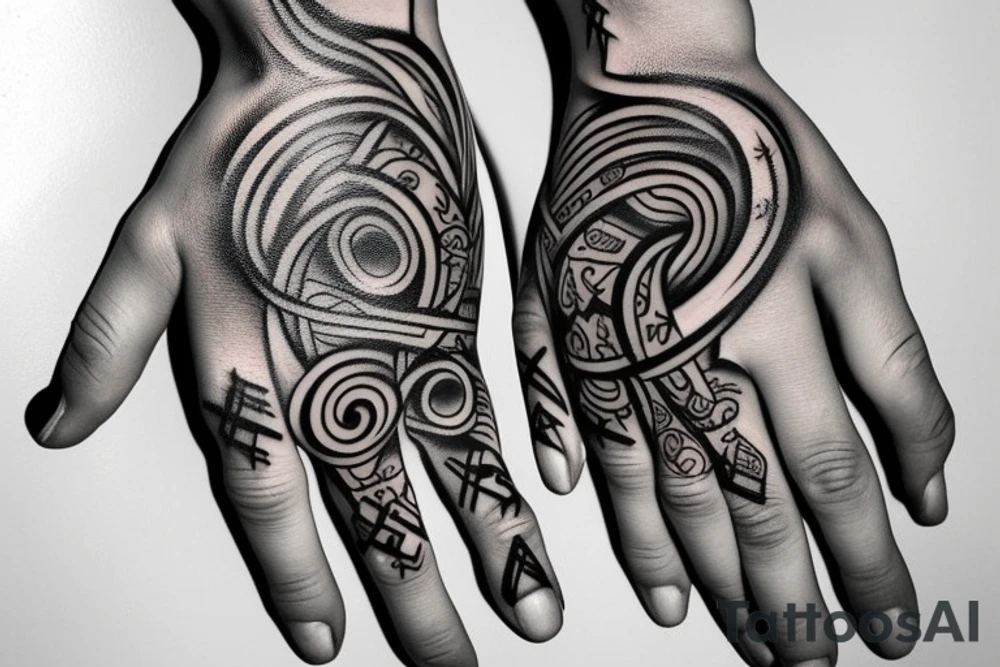 Scandinavian Gods and symbols  on full hand tattoo idea