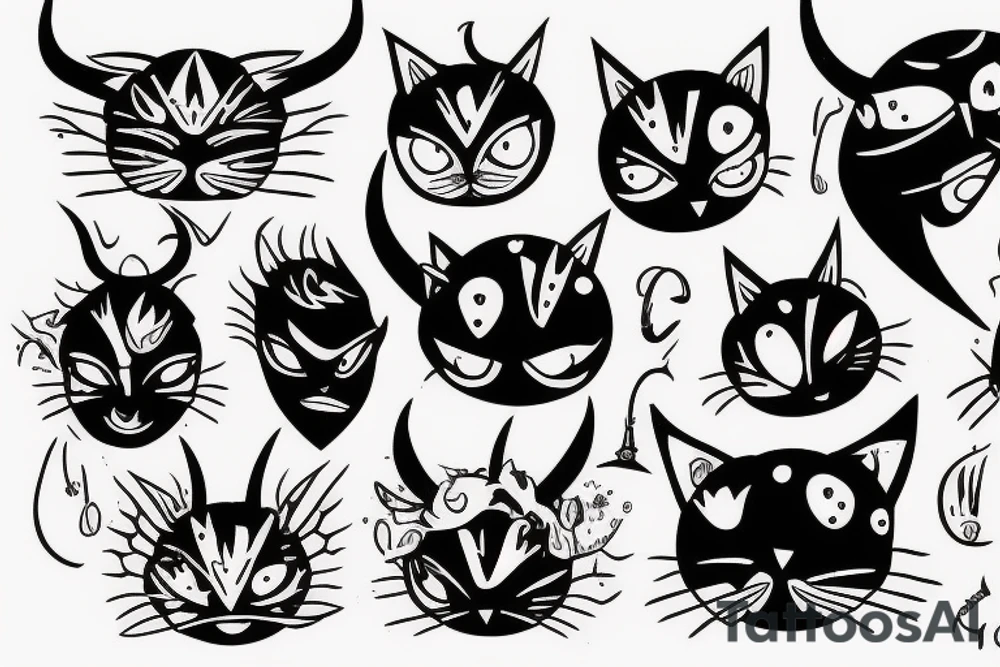Cat with horns , covered in blood , six eyes , scars. tattoo idea