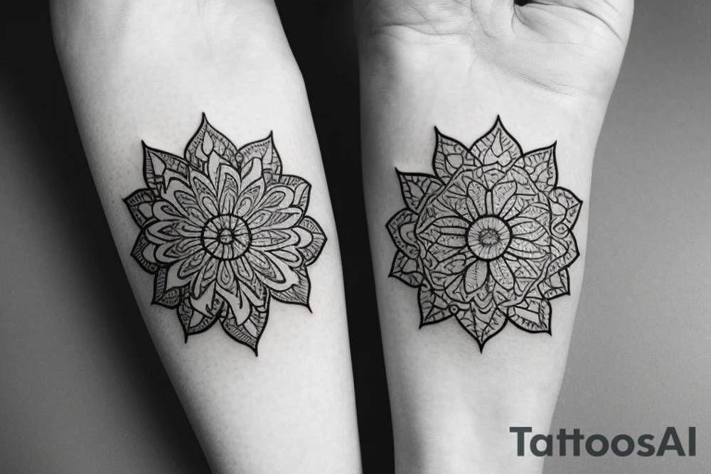 A mandala divided into two parts, a flower that shows the stages of its bloom. Tenderness and strength. Clover tattoo idea