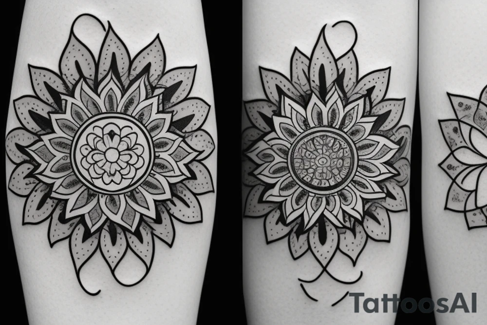 A mandala divided into two parts, a flower that shows the stages of its bloom. Clover tattoo idea