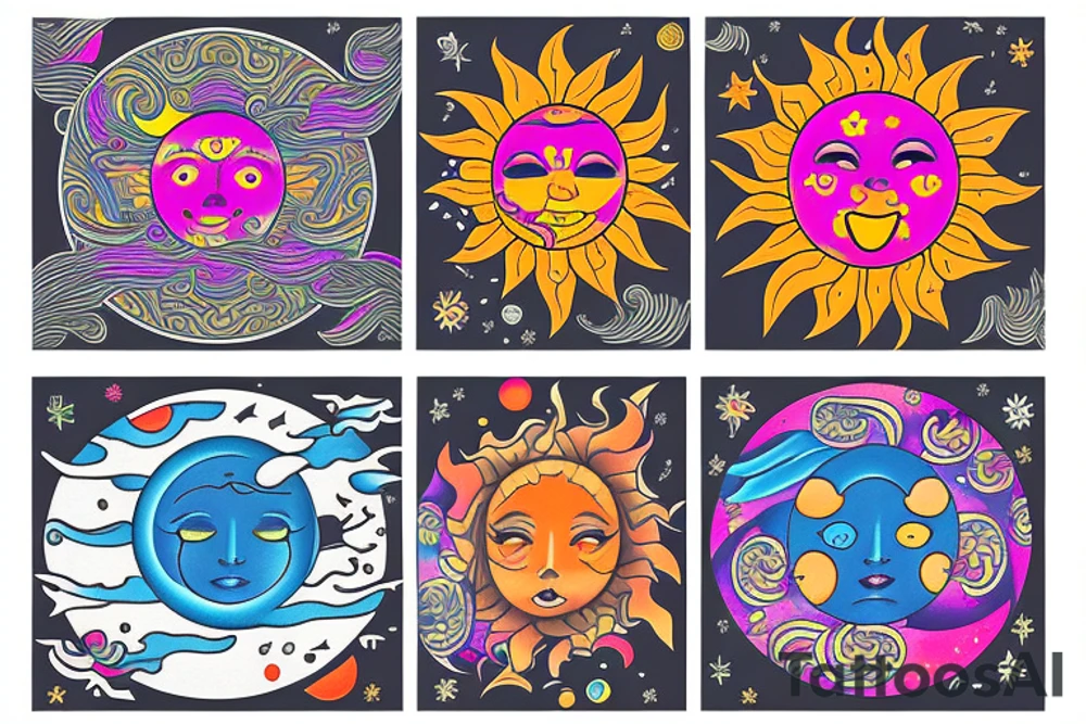 colourful moon and sun tattoo idea