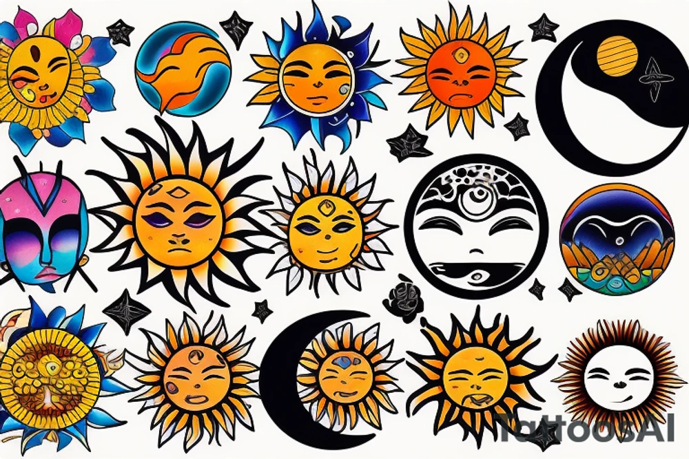colourful moon and sun tattoo idea