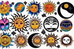 colourful moon and sun tattoo idea