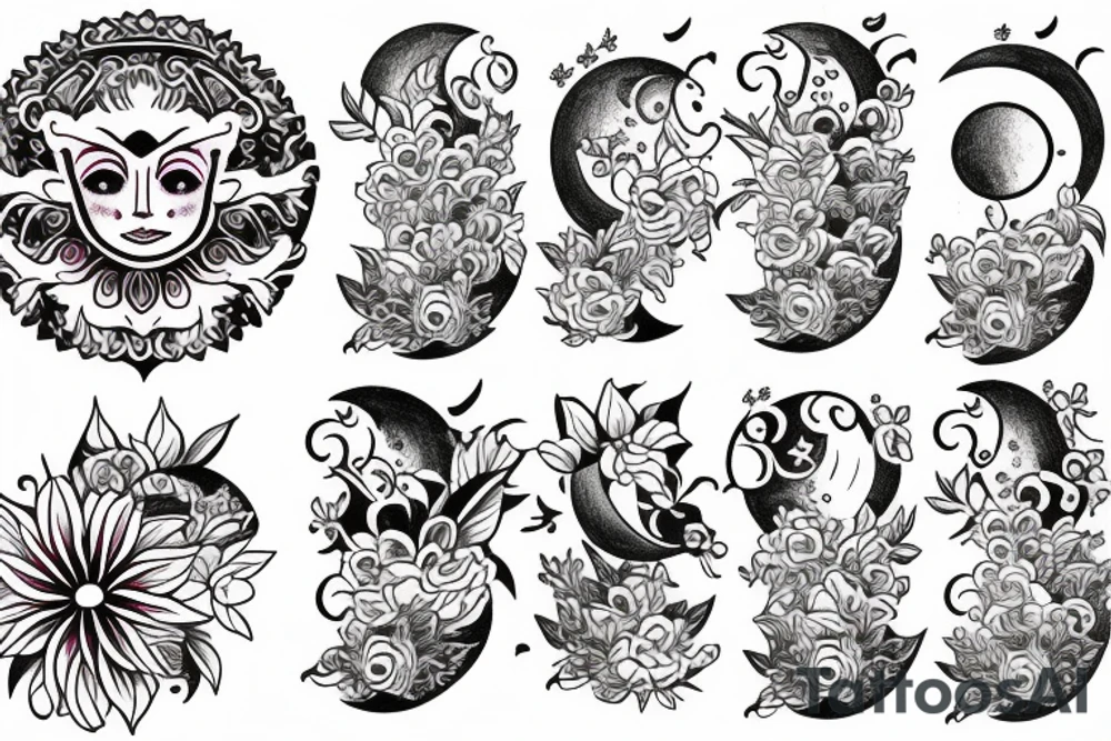 small tatoo moon inside of the sun a little  and around flowers tattoo idea