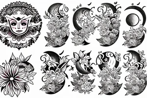 small tatoo moon inside of the sun a little  and around flowers tattoo idea