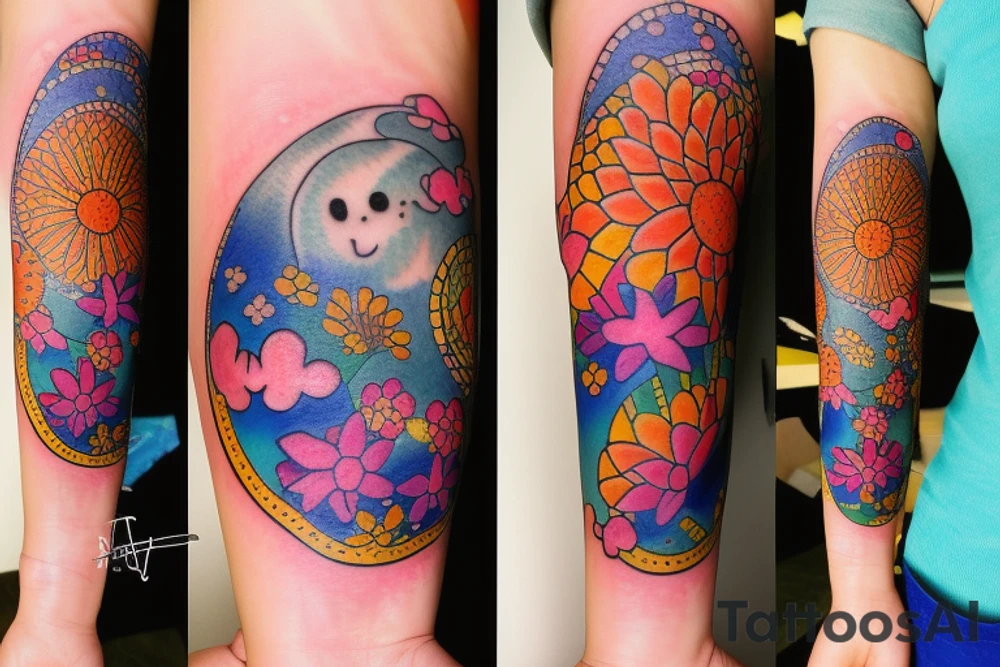 small tatoo moon inside of the sun a little  and around flowers colourful tattoo idea