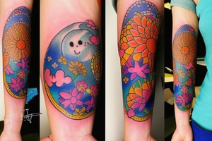 small tatoo moon inside of the sun a little  and around flowers colourful tattoo idea