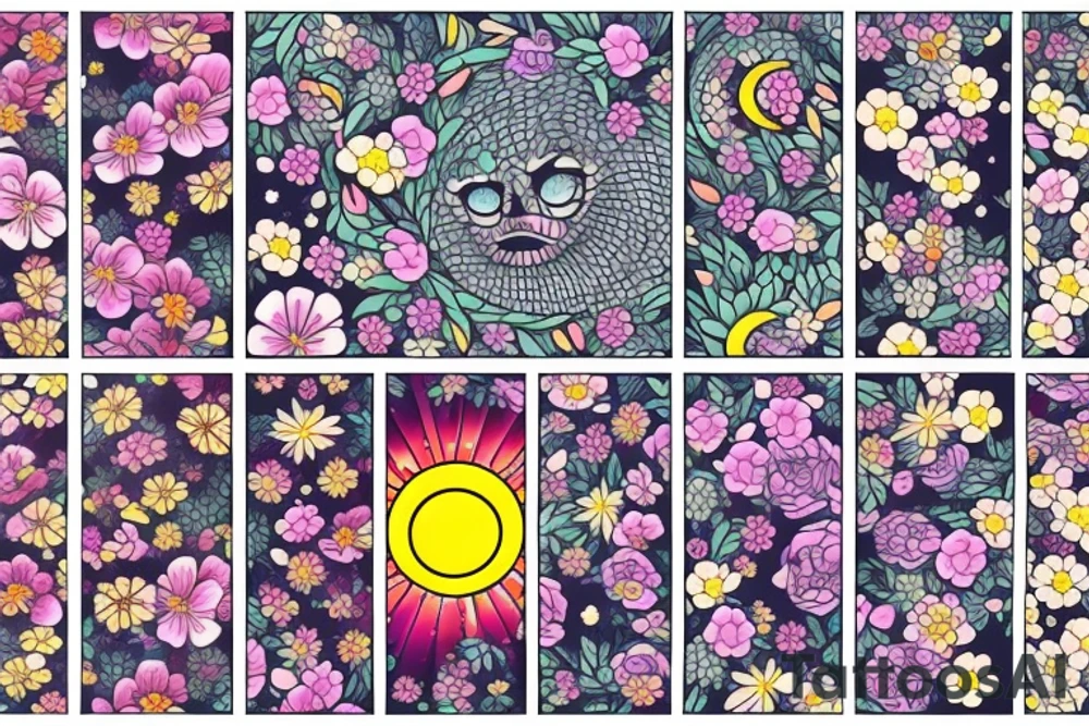 small tatoo moon inside of the sun a little  and around flowers colourful tattoo idea