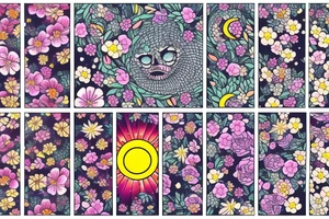 small tatoo moon inside of the sun a little  and around flowers colourful tattoo idea