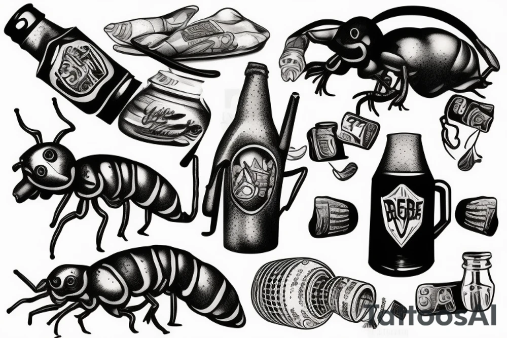 ant with bottle of beer tattoo idea