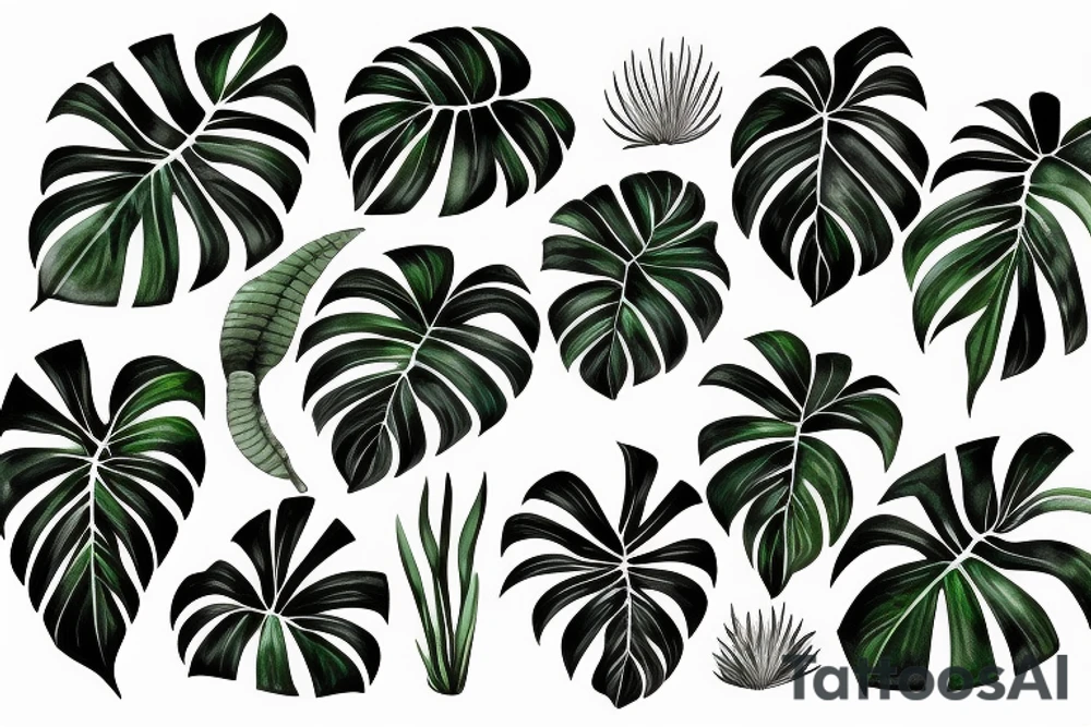 monstera, calathea, plants tattoo idea