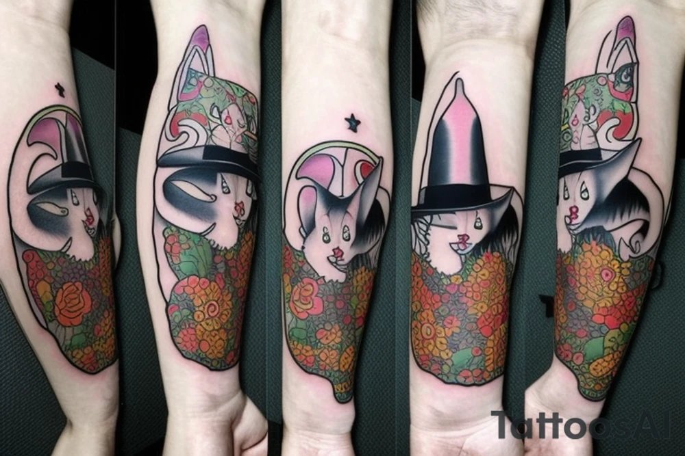 witch cat with a hat tattoo idea