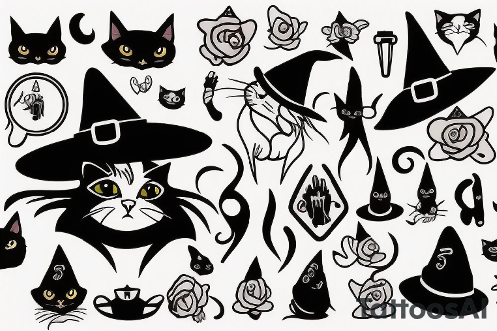 witch cat with a hat tattoo idea