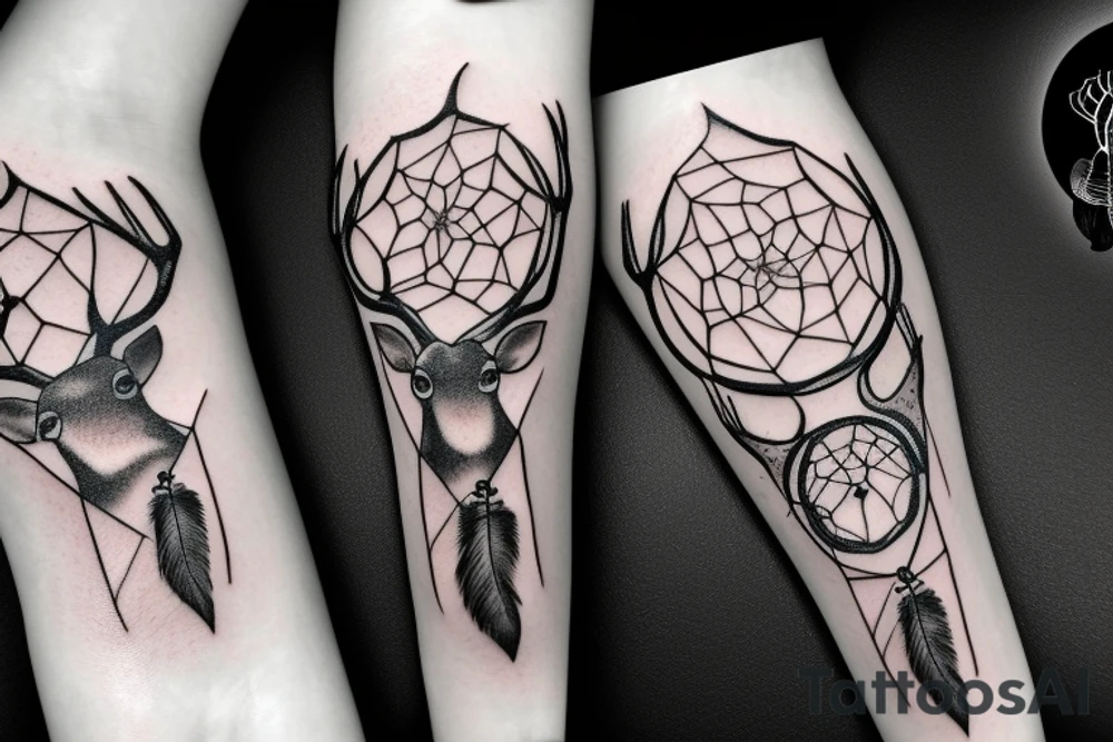 deer with dream catcher and stars braided into antlers tattoo idea