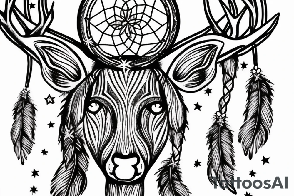 deer with dream catcher and stars braided into antlers tattoo idea