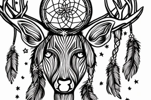 deer with dream catcher and stars braided into antlers tattoo idea