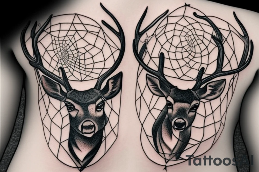 deer with dream catcher and stars braided into antlers tattoo idea