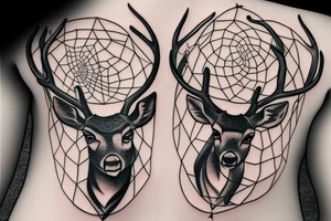 deer with dream catcher and stars braided into antlers tattoo idea