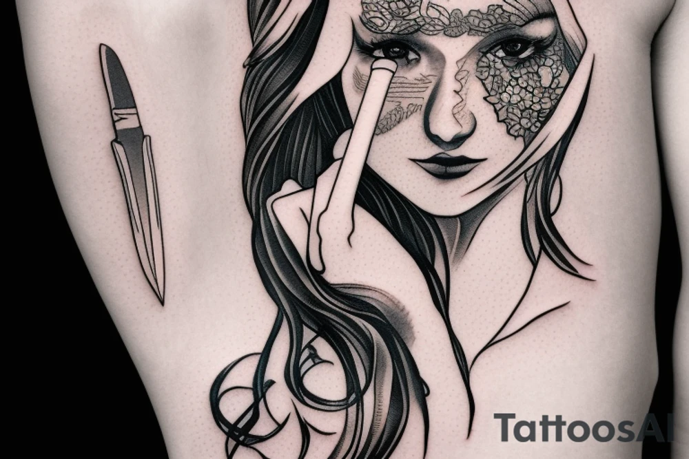 Girl holding a knife, portrait tattoo idea