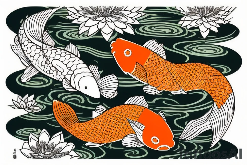 Black and orange koi fishes with water lilies for the arm tattoo idea