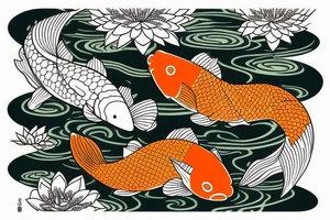 Black and orange koi fishes with water lilies for the arm tattoo idea