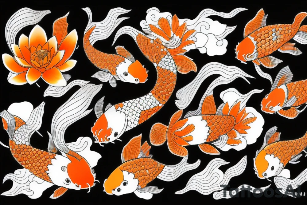 Black and orange koi fishes with water lilies for the arm tattoo idea