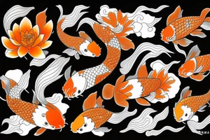 Black and orange koi fishes with water lilies for the arm tattoo idea
