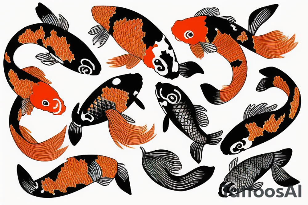 Black and orange koi fishes with water lilies for the arm tattoo idea