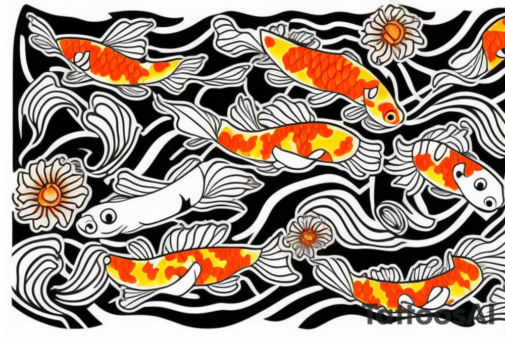 Black and orange koi fishes with water lilies for the arm tattoo idea