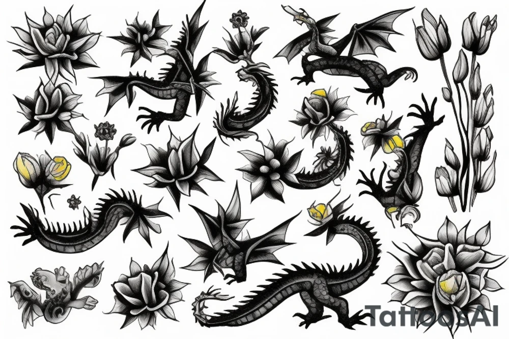 A dragon flying in a field of flowers tattoo idea