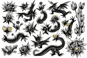 A dragon flying in a field of flowers tattoo idea