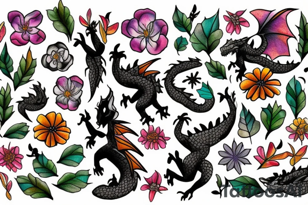 A dragon flying in a field of flowers tattoo idea