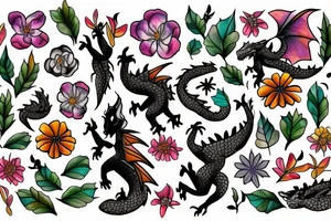 A dragon flying in a field of flowers tattoo idea