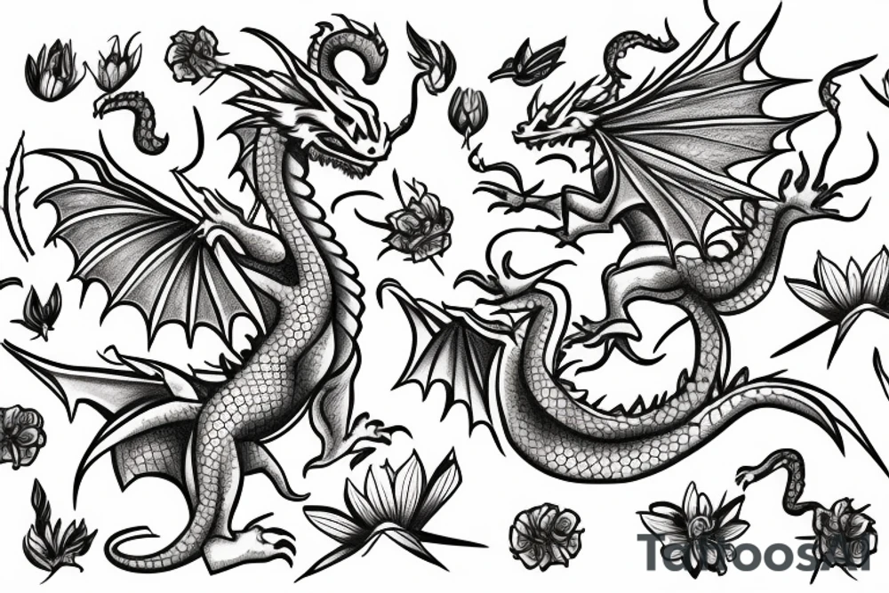 A dragon flying in a field of flowers tattoo idea